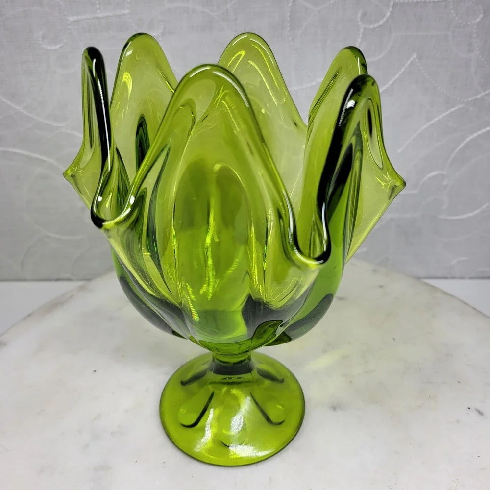 VTG Viking Epic Glass Swung Vase Six Finger Green Pedestal Footed MCM Home Decor